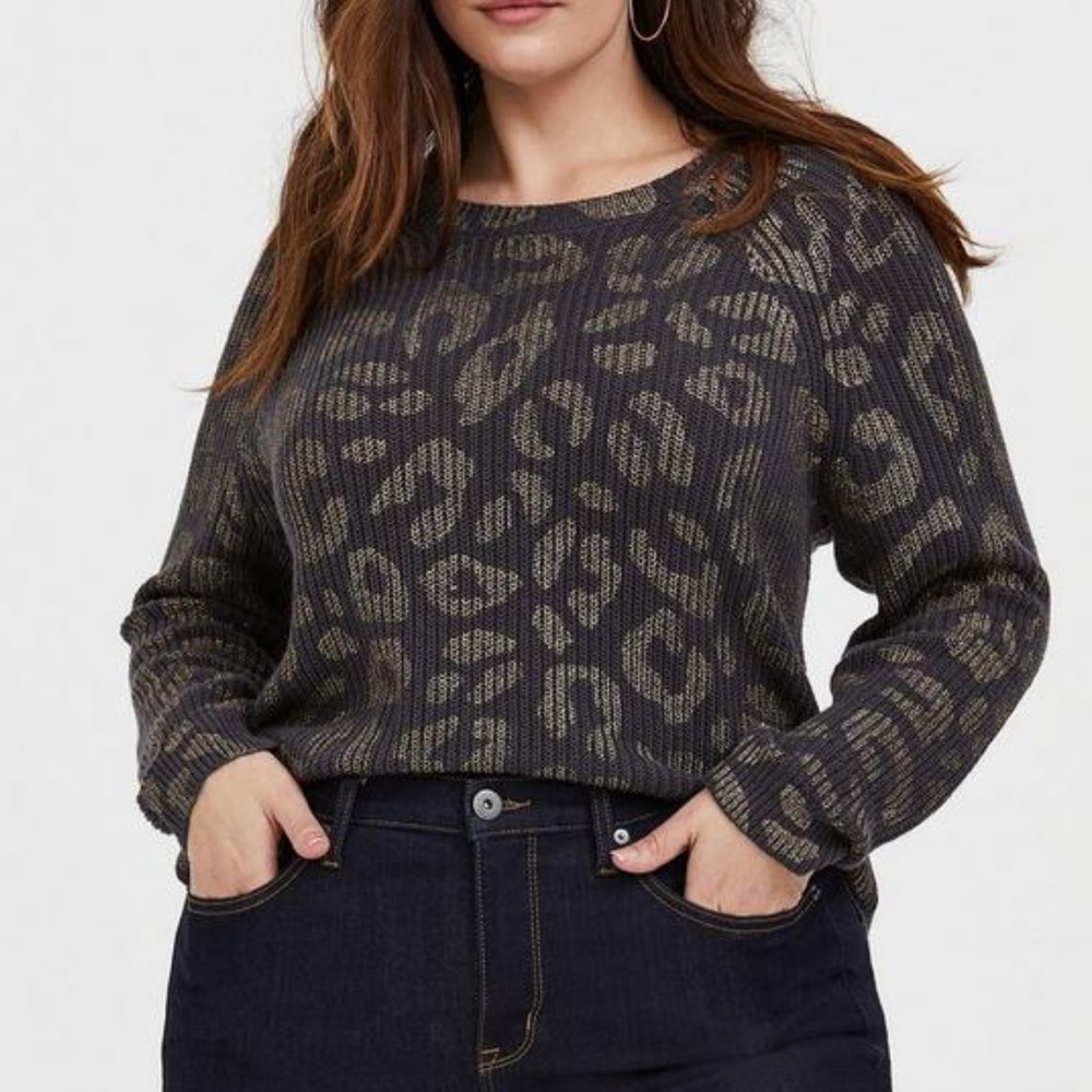 Dark Grey & Gold Foil Leopard Rib Pullover Sweater